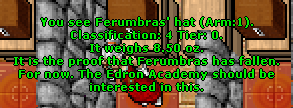 You see Ferumbras’ hat (Arm:1). Classification: 4 Tier: 0. It weighs 8.50 oz. It is the proof that Ferumbras has fallen. For now. The Edron Academy should be interested in this.