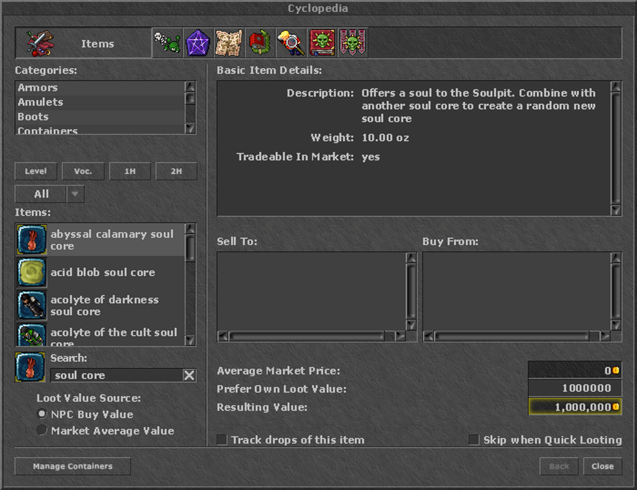 The in-game Items section of the Cyclopedia allows configuring a custom price per item via the “Prefer Own Loot Value” option.